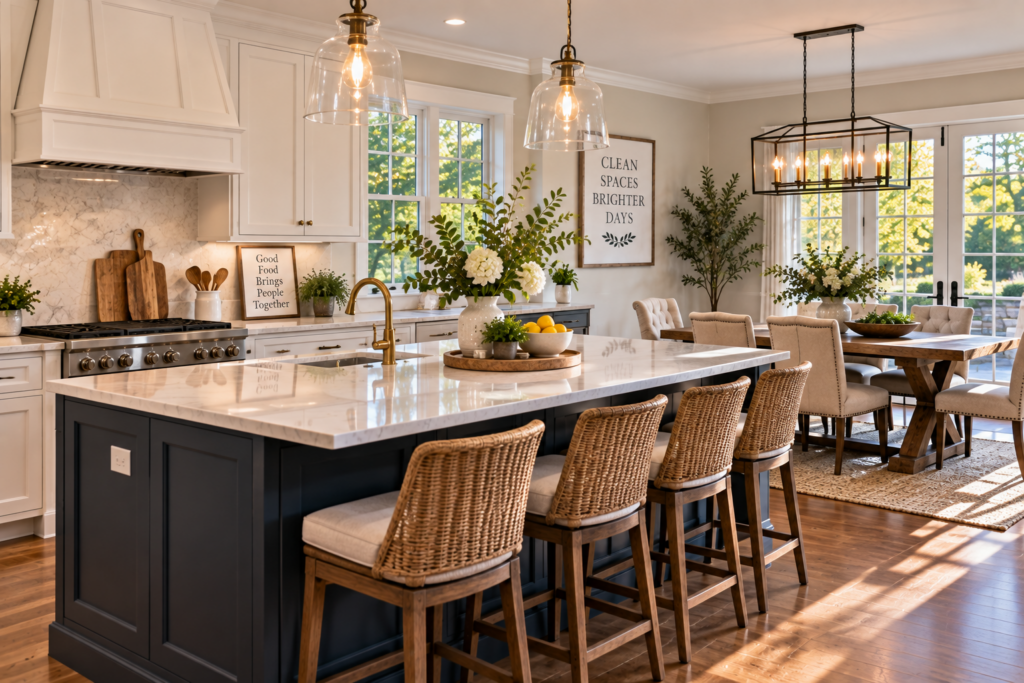 Kitchen and dining spaces in a Ridgefield Connecticut home