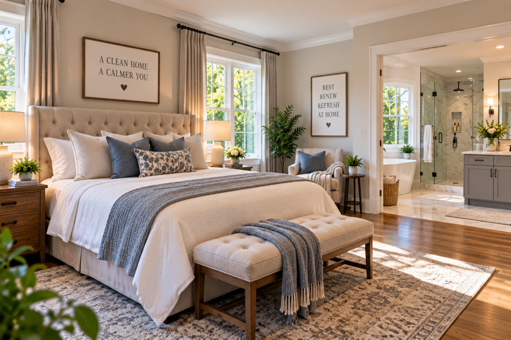 Bedrooms bathrooms and private spaces in a Woodbridge Connecticut home
