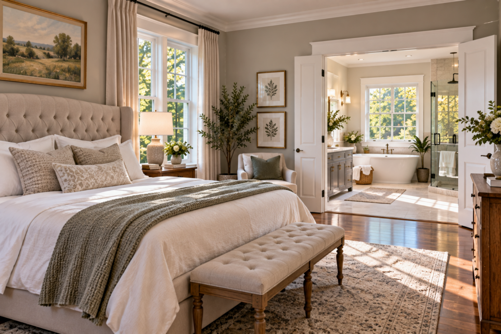 Bedroom and bathroom spaces in a Ridgefield Connecticut home