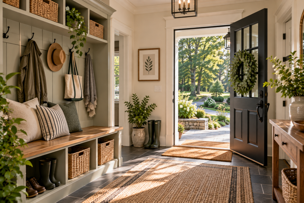 Mudroom and entryway in a Redding Connecticut home
