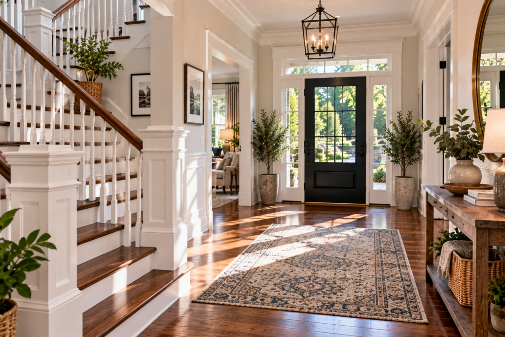 Entryway stairs and architectural details in a Ridgefield Connecticut home