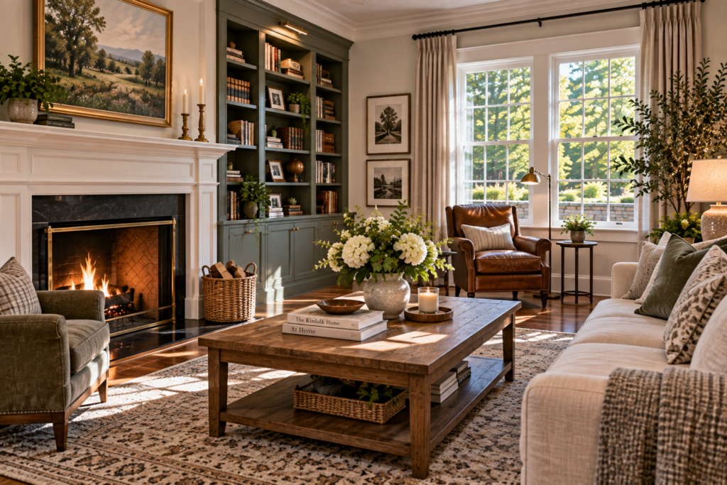 Living room library and quieter spaces in a Ridgefield Connecticut home