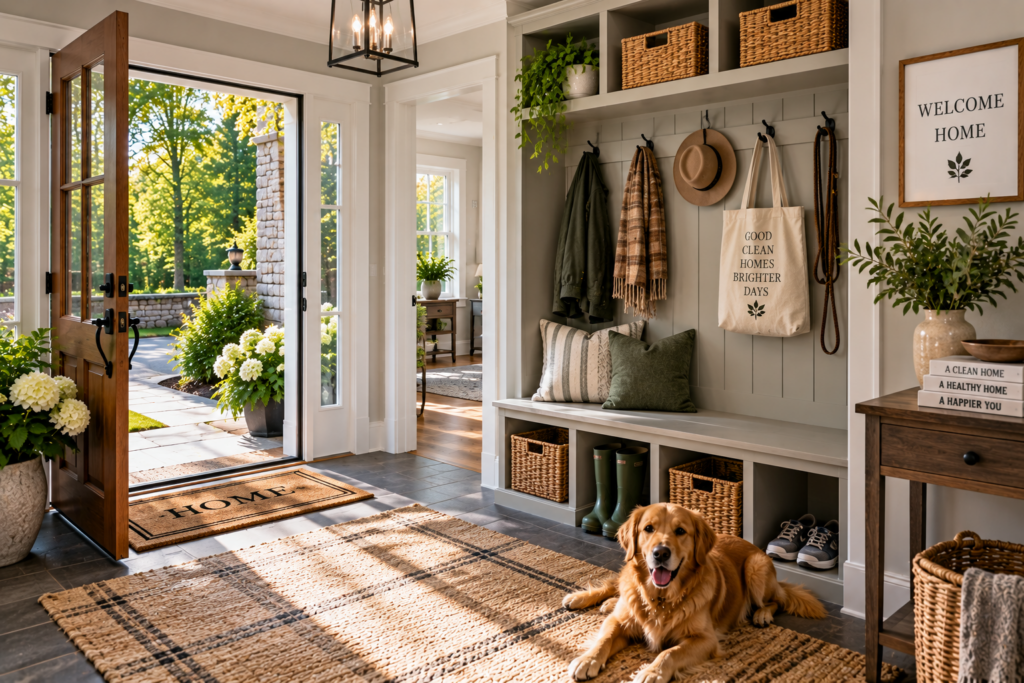 Entryway and mudroom connecting a Weston Connecticut home to its wooded property