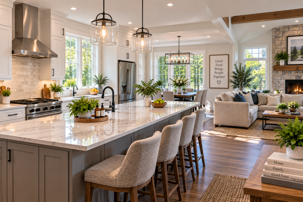 Kitchen and gathering spaces in a Woodbridge Connecticut home