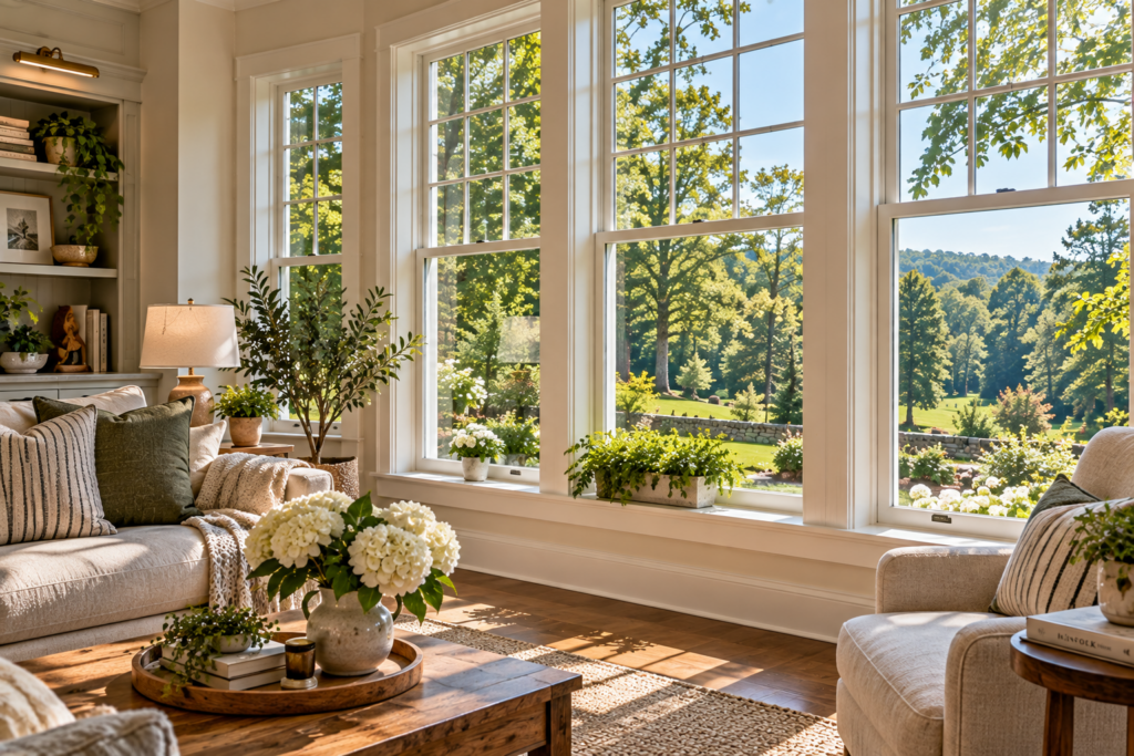Windows and sills overlooking a wooded Redding Connecticut landscape