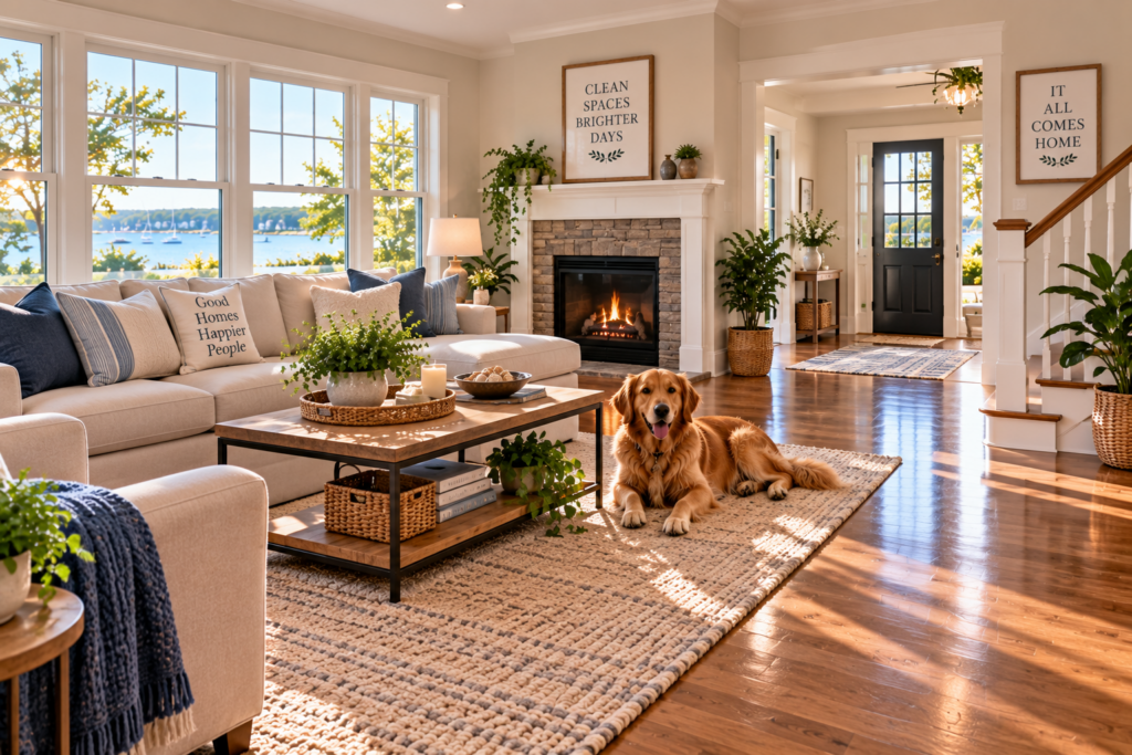 Living room floors and connecting spaces in a Stratford Connecticut home