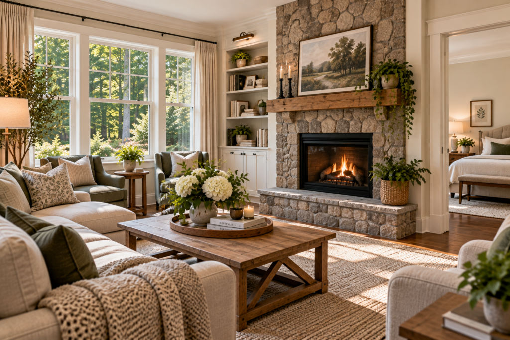 Living room and bedroom spaces in a Redding Connecticut home