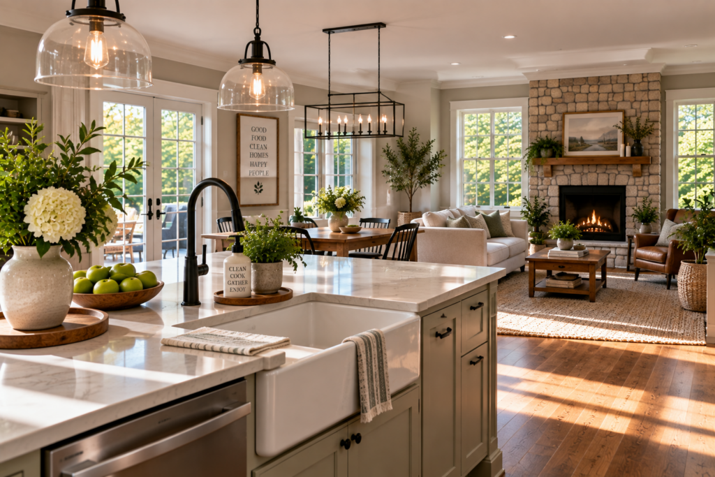 Kitchen and living spaces at the center of everyday life in a Weston CT home